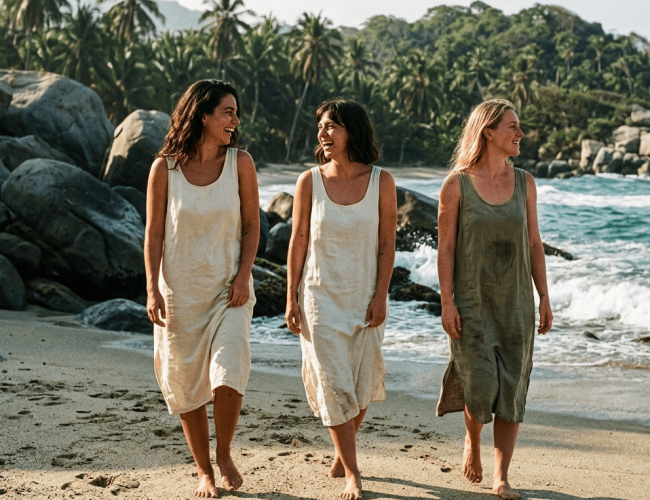 Grupo reunido al caer la noche durante una Bachelorette en Colombia en el Tayrona
